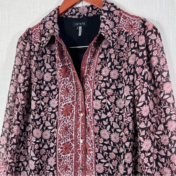 1. State NWT Floral Gold Metallic Button Front Bell Sleeve Boho Dress Sz S - Picture 4 of 12